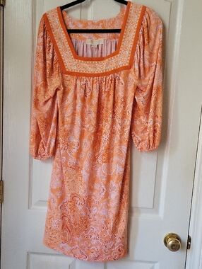 Michael Kors Orange Paisley Square-Neck Long Sleeve Shift Dress